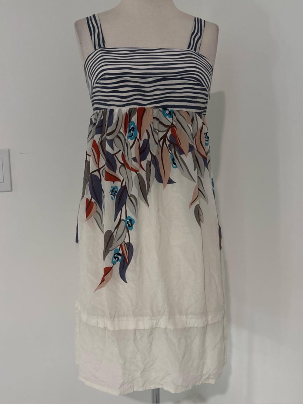 Marc Jacobs White Midi Dress with Navy Striped Bodice and Vine Print #206
